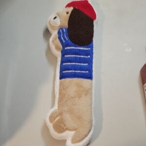 Hand Crafted Plush Dog Toy with Red Hat and Blue Outfit